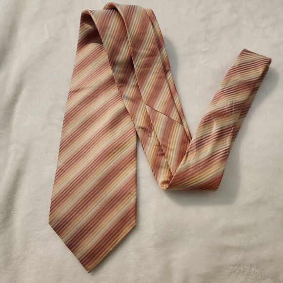 Alfani 100% Silk Neck Tie Earthtone Fall Colors Stripes Orange Salmon Cream - Picture 6 of 6